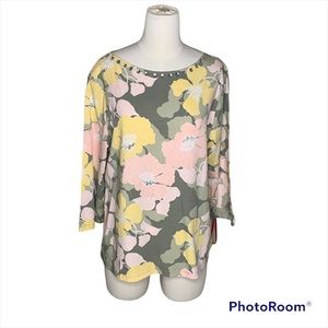 Ruby Rd. Olive Green Peach Yellow Tunic Blouse Top 3/4 Sleeve - Size PXL NEW